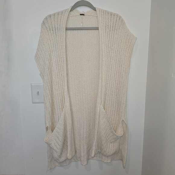 Free People Duster Vest Size XS Ivory Sloppy Pocket Cotton Linen Open Knit Boho - Picture 1 of 8